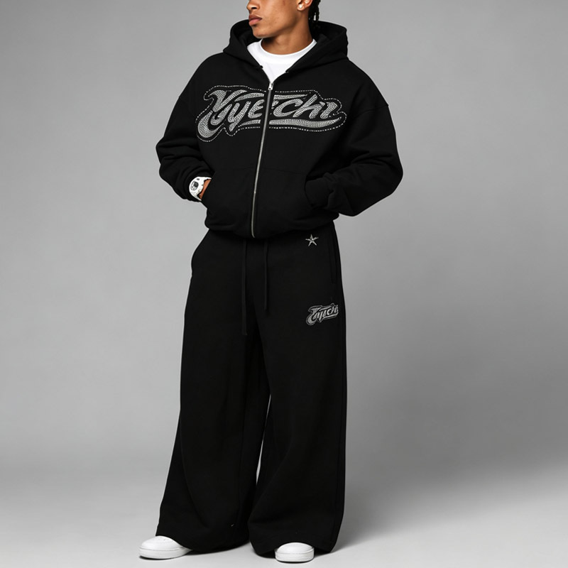 Custom Streetwear Mens Black Full Zip Hoodie Dropped Shoulder Rhinestone Decor Brushed Fleece Lining Relaxed Fit Tracksuit