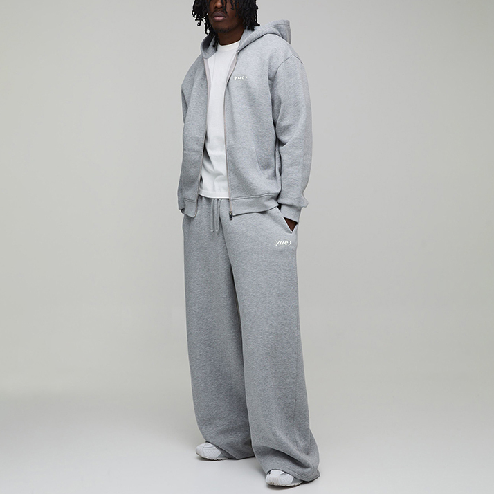 Custom Puff Printing Fleece 2-Piece Full-Zip Boxy Fit Baggy Wide-Leg Heather Grey Men's Heavyweight 100% Cotton Winter