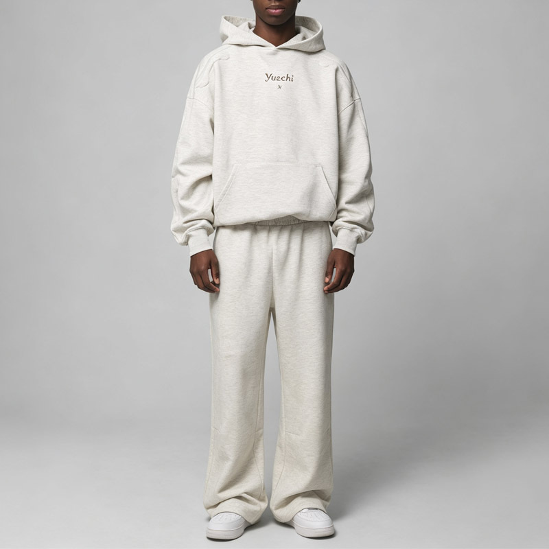 Custom Men Oversized Tracksuit Puff Printing Embossing Kangaroo Pocket Embroidered Winter Fleece Lined 100% Cotton Heather Grey