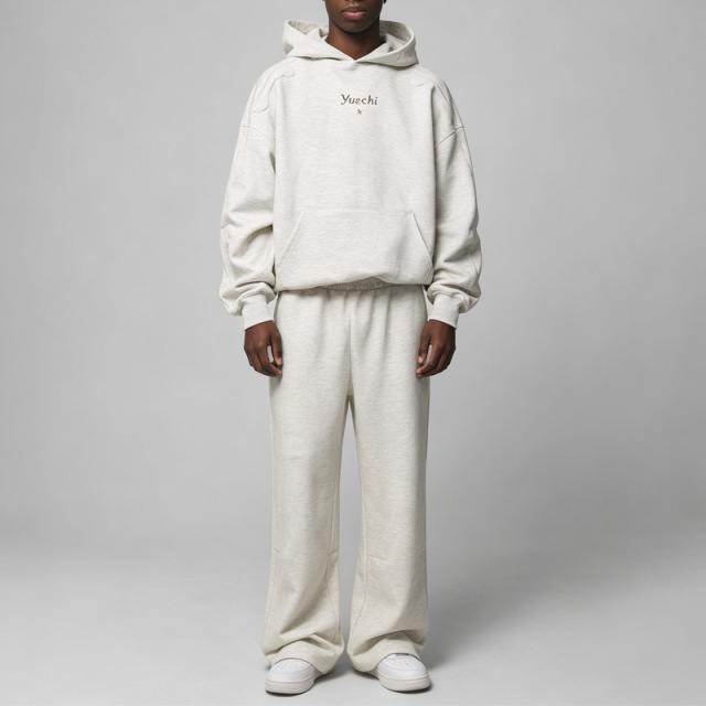 Custom Men Oversized Tracksuit Puff Printing Embossing Kangaroo Pocket Embroidered Winter Fleece Lined 100% Cotton Heather Grey
