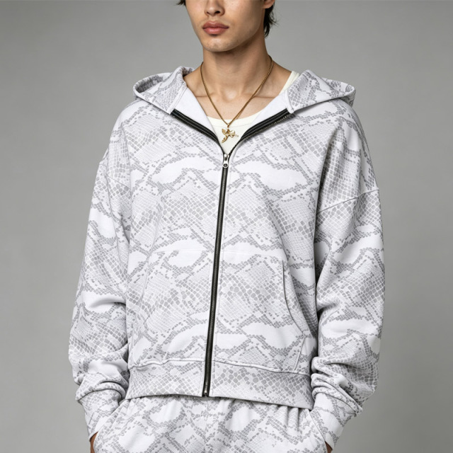 Custom Men Boxy Oversized Full Zip Cropped Hooded Tracksuit DTG Snake Animal Print Fleece Dropped Shoulder Wide Leg Streetwear