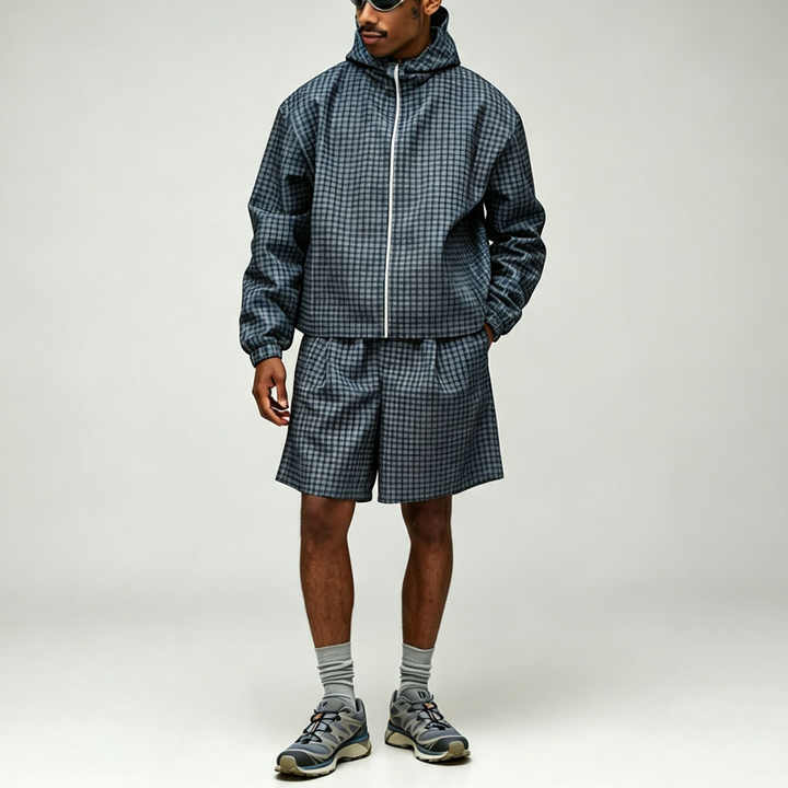Custom Made Plaid Full Zip 2 Pieces Regular Fit Hooded Jacket Shorts Drawstring Grey Blue Cotton Men's Casual Lightweight
