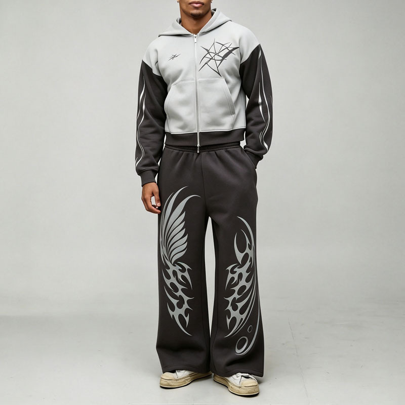Custom Shrunken Gothic Zip Extreme Wide Leg 2 Pieces Heather Grey Charcoal Polyester High Quality Men's Embroidery Tracksuit