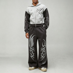 Custom Shrunken Gothic Zip Extreme Wide Leg 2 Pieces Heather Grey Charcoal Polyester High Quality Men's Embroidery Tracksuit