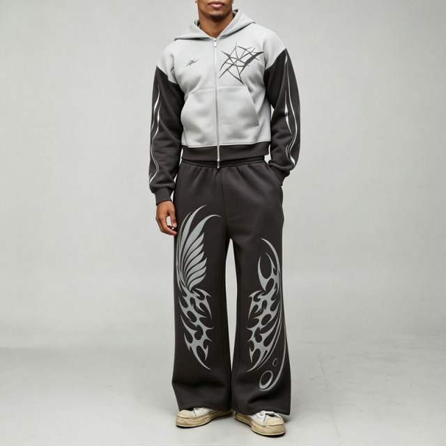 Custom Shrunken Gothic Zip Extreme Wide Leg 2 Pieces Heather Grey Charcoal Polyester High Quality Men's Embroidery Tracksuit