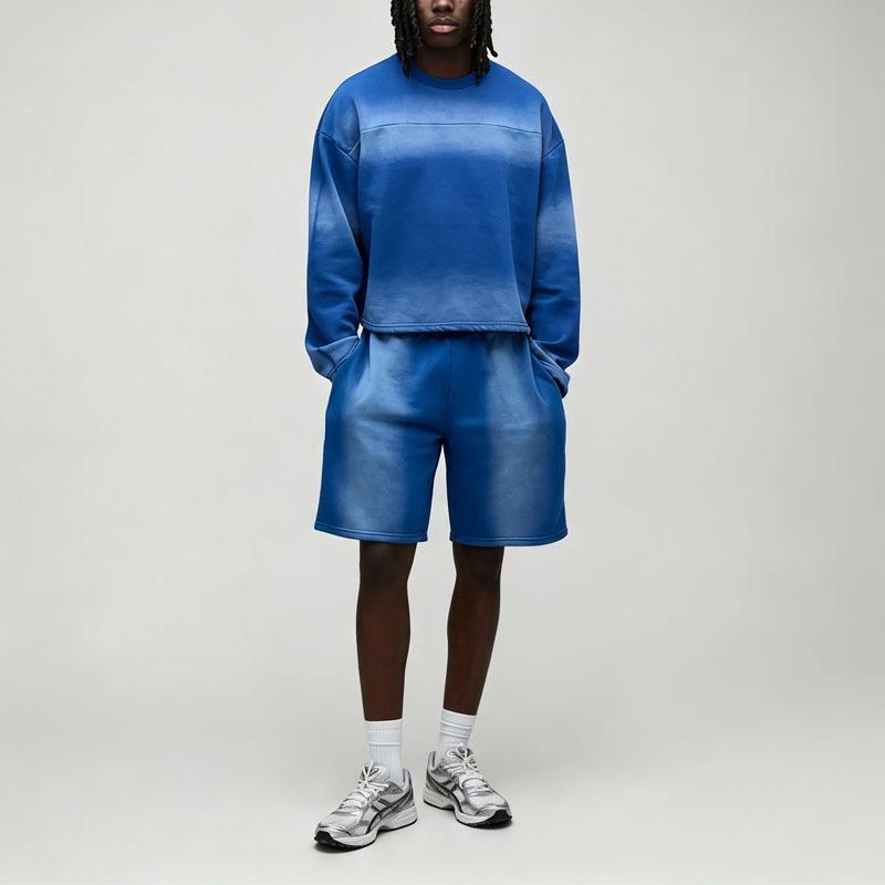 Custom Winter Sun Faded 100% Pure Cotton French Terry 2-Piece Crewneck Pullover Boxy Fit Knee-Length Men's Vintage Streetwear