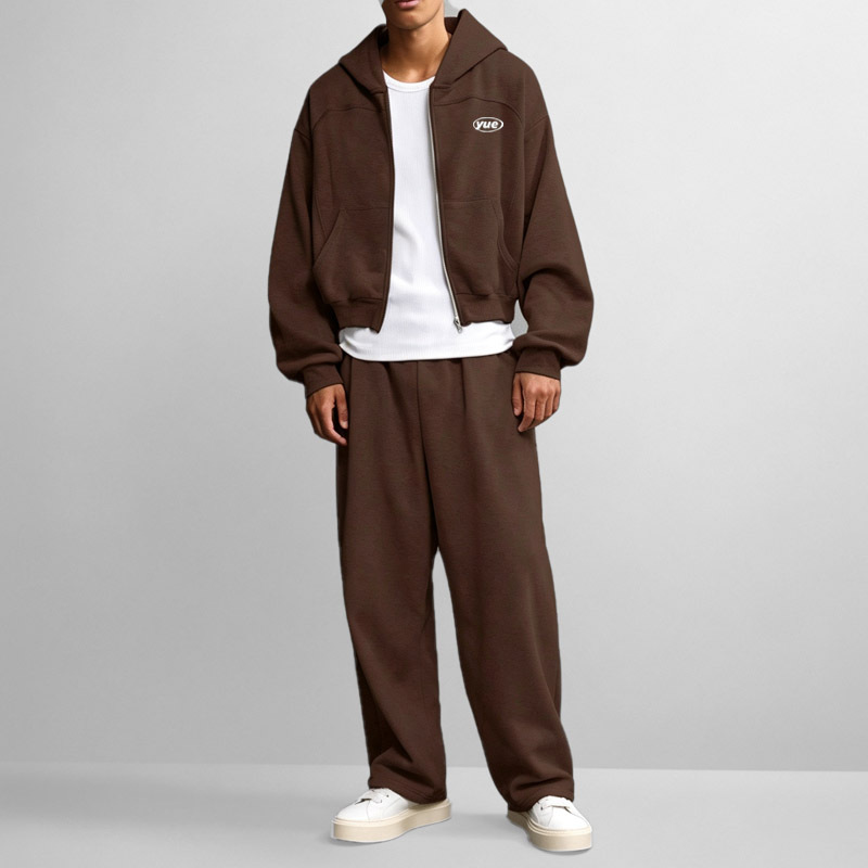Custom Men's Cropped Oversized Full Zip Hoodie Curved Raglan Seam Heavyweight French Terry Wide Leg Streetwear Tracksuit