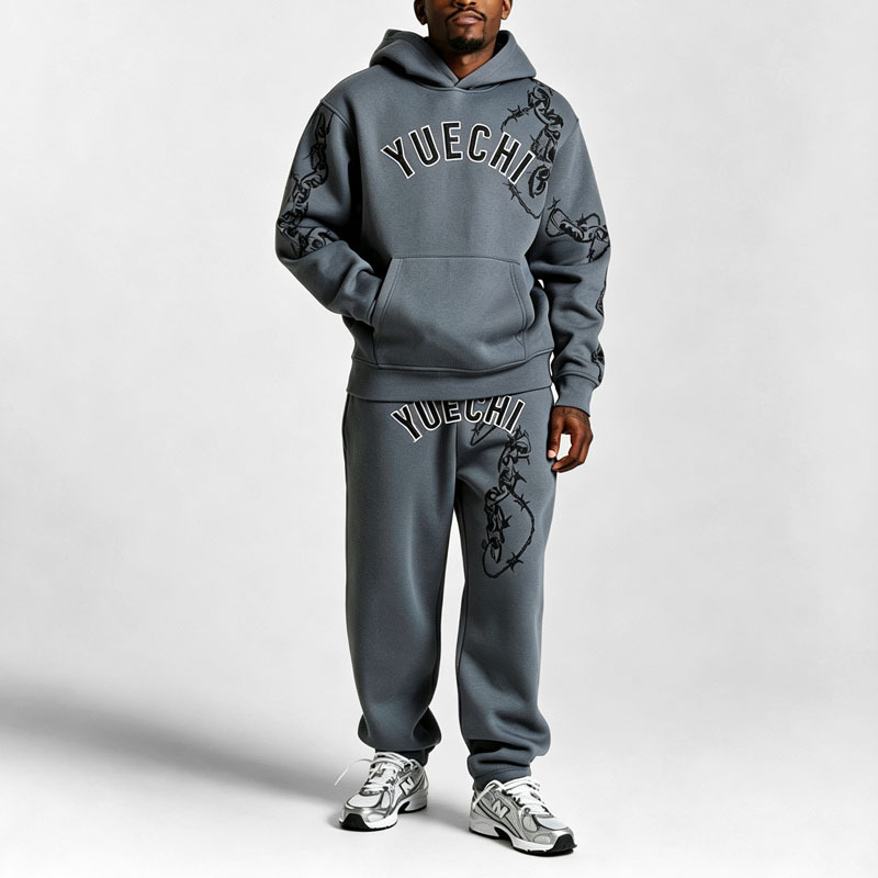 Custom Men Oversized Fit Hoodie Tracksuit 310 Gsm Fleece Cotton / Polyester 3D Embroidery DTG Printing Cuffed Jogger 2 Piece Set
