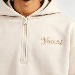 Mens Oversized Quarter Zip Hoodie and Baggy Wide Leg Pant 2 Piece Set Air Layer Fabric With Script Embroidery Street Tracksuit