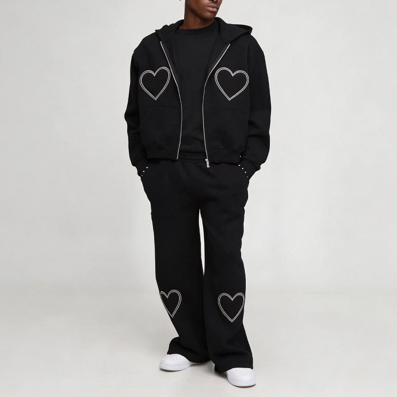 Custom Men Boxy Oversized Full Zip Hoodie Tracksuit 2 Piece Set 100% Cotton French Terry Heart Applique Embroidery Streetwear