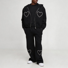 Custom Men Boxy Oversized Full Zip Hoodie Tracksuit 2 Piece Set 100% Cotton French Terry Heart Applique Embroidery Streetwear