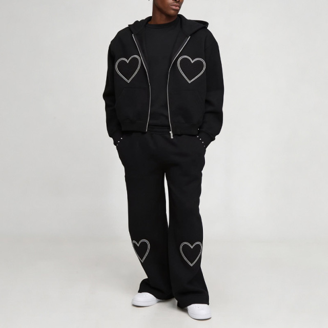 Custom Men Boxy Oversized Full Zip Hoodie Tracksuit 2 Piece Set 100% Cotton French Terry Heart Applique Embroidery Streetwear