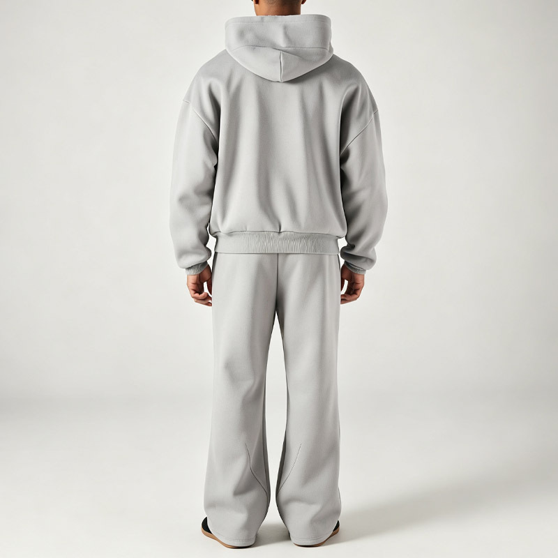 Men Grey Contrast Stitching Pullover Hoodie Tracksuit Flock Print Loose Flared Sweatpants Fall Winter Streetwear Two Piece Set