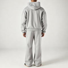 Men Grey Contrast Stitching Pullover Hoodie Tracksuit Flock Print Loose Flared Sweatpants Fall Winter Streetwear Two Piece Set