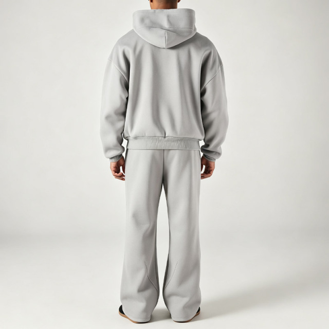 Men Grey Contrast Stitching Pullover Hoodie Tracksuit Flock Print Loose Flared Sweatpants Fall Winter Streetwear Two Piece Set