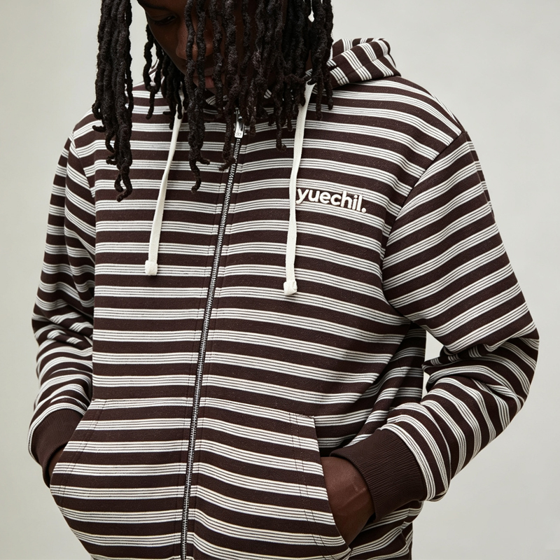 Custom Made Winter Full Zip Hooded Drawstring 2 Pieces Boxy Fit Brown Red Urban Men's Stripe Streetwear Cotton Tracksuit
