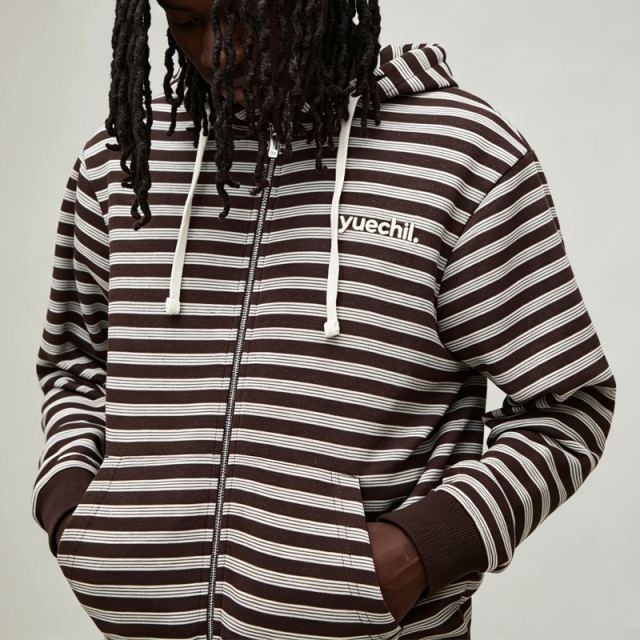 Custom Made Winter Full Zip Hooded Drawstring 2 Pieces Boxy Fit Brown Red Urban Men's Stripe Streetwear Cotton Tracksuit