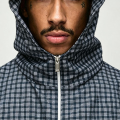 Custom Made Plaid Full Zip 2 Pieces Regular Fit Hooded Jacket Shorts Drawstring Grey Blue Cotton Men's Casual Lightweight