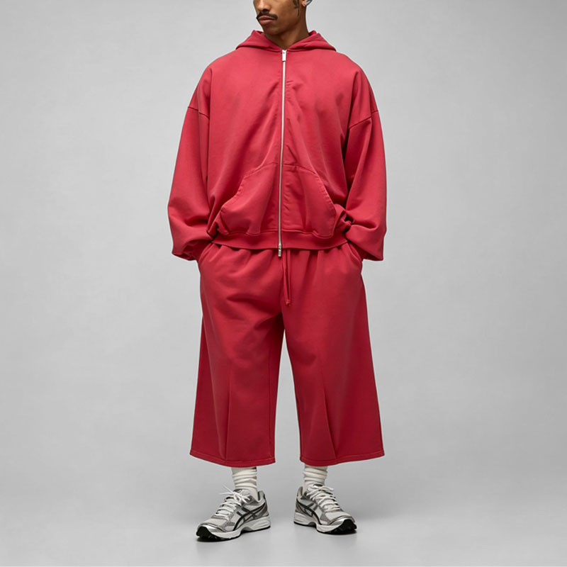 Custom Men's Winter 100% Cotton Oversized Boxy Drop Shoulder French Terry Wash Zip Hoodie Cropped Wide Leg Tracksuit Streetwear