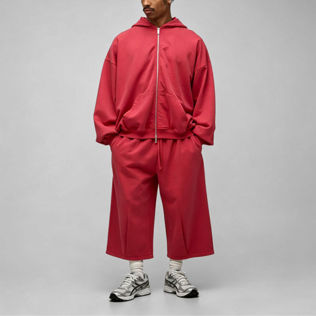 Custom Men's Winter 100% Cotton Oversized Boxy Drop Shoulder French Terry Wash Zip Hoodie Cropped Wide Leg Tracksuit Streetwear