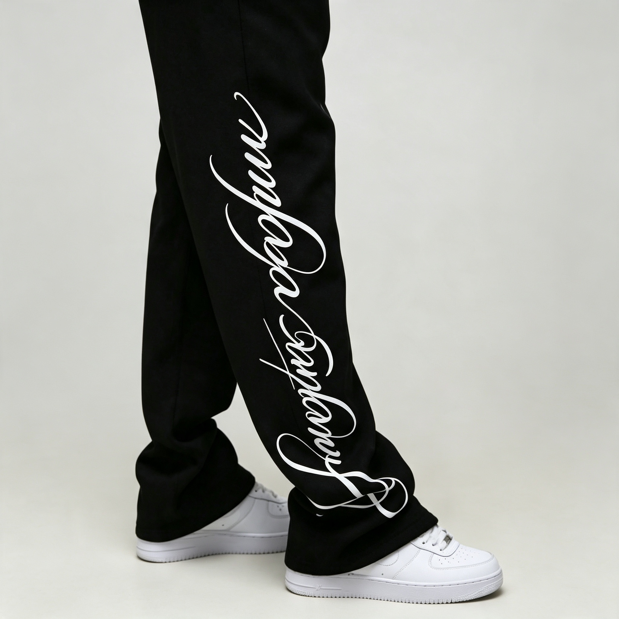 Custom Screen Print Cursive Graphic Black Fleece 2 Pieces Pullover Hoodie Wide Leg Sweatpants Urban Men's Tracksuit Set