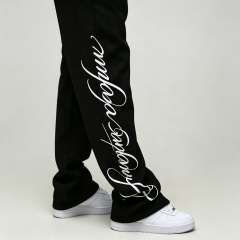 Custom Screen Print Cursive Graphic Black Fleece 2 Pieces Pullover Hoodie Wide Leg Sweatpants Urban Men's Tracksuit Set