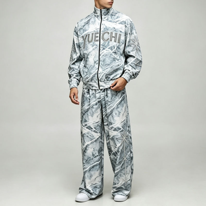 Custom All Over Print Applique Embroidery Full Zip 2 Pieces Stand Collar Wide Leg Woven Men's Lightweight Tracksuit Set