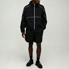 Custom Sets Jacket Set and hoodie set with contrasting piping - Men's urban tech-inspired nylon tracksuit,Leading Custom Apparel Manufacturer | Your Trusted China Sourcing Partner | YC/YUECHI,Custom Made Lightweight Windbreaker Jacket Shorts 2 Pieces Contrast Piping Hooded Nylon Men's Urban Techwear Tracksuit