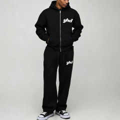Custom Puff Printing 2 Pieces Full Zip up Hooded Boxy Fit Wide Leg Black Cotton Fleece Urban Men's Tracksuit Set