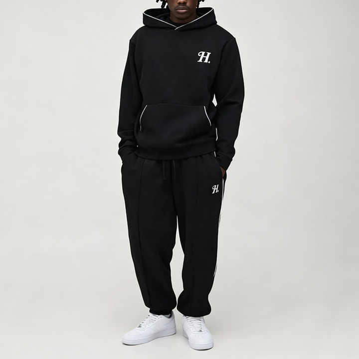 Custom Mens Regular Fit Embroidered Piped Hoodie Jogger Tracksuit Cotton Blend Solid Black Tall Sizing Casual Streetwear