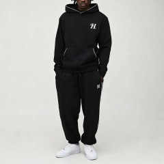 Custom Mens Regular Fit Embroidered Piped Hoodie Jogger Tracksuit Cotton Blend Solid Black Tall Sizing Casual Streetwear