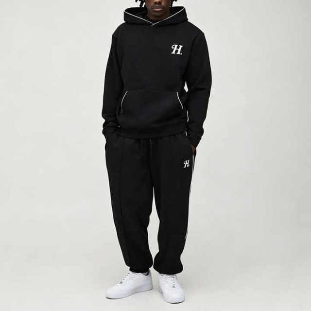Custom Mens Regular Fit Embroidered Piped Hoodie Jogger Tracksuit Cotton Blend Solid Black Tall Sizing Casual Streetwear