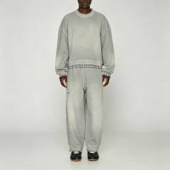 Custom Men's Sun Faded Grey Heavyweight French Terry Tracksuit Mock Two Piece Crew Neck Sweatshirt Wide Leg Sweatpants