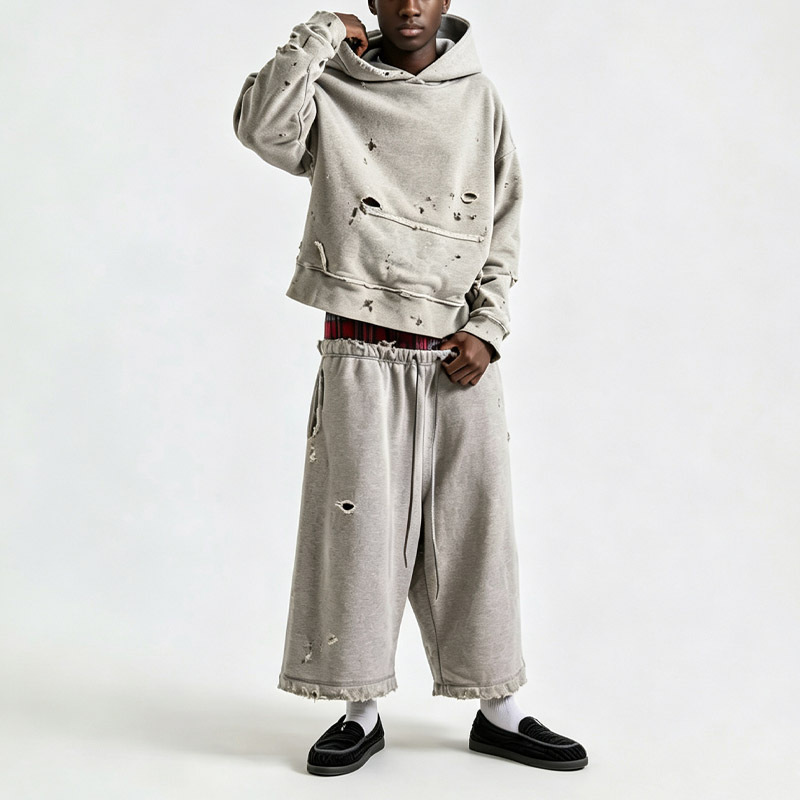 Men Stone Washed Heather Grey Heavyweight 100% Cotton French Terry Distressed Ripped Cropped Hoodie Wide Leg Cropped Tracksuit