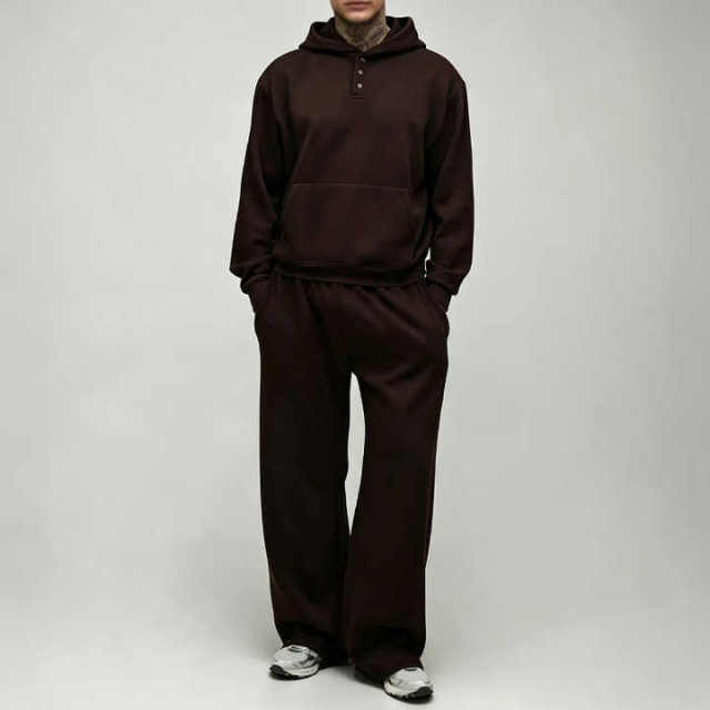 Custom Men's Oversized Boxy Henley Button Neck Hoodie Wide Leg Jogger Tracksuit 100% Cotton Fleece Two Piece Set Streetwear