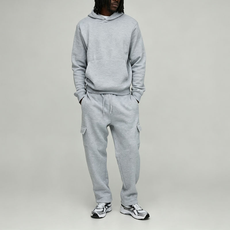Custom Men's Tall Boxy Hooded Cargo 100% Cotton Solid Tracksuit Oversized Relaxed Silhouette Blank Streetwear Two Piece Set