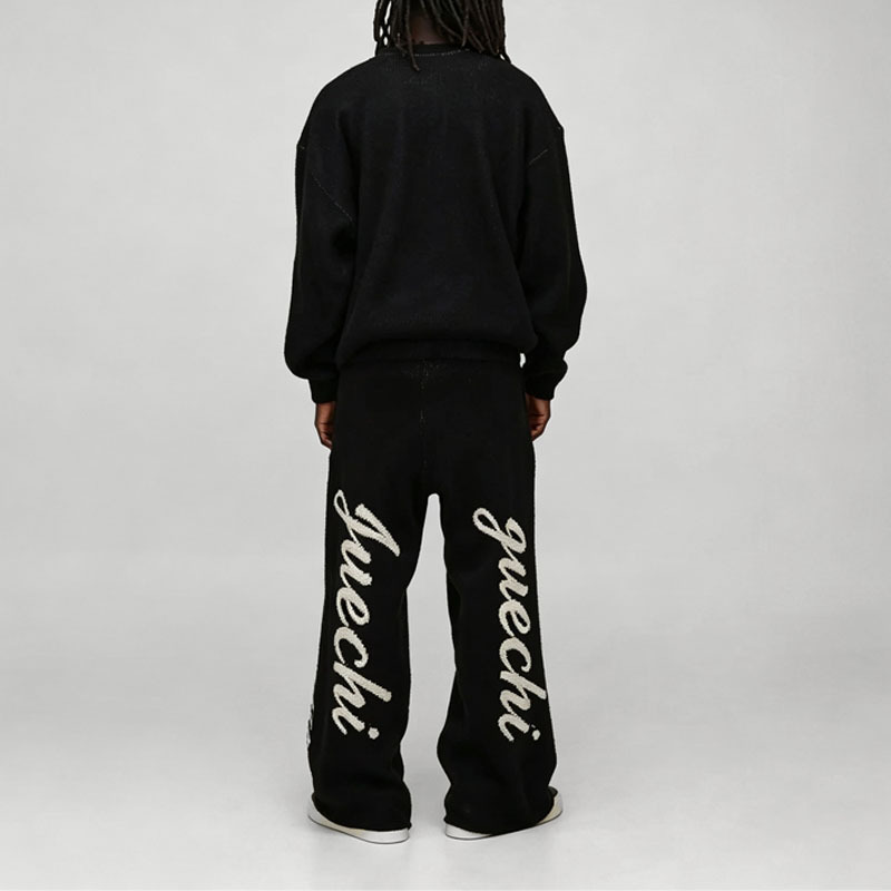 Custom Chenille Embroidery 2-Piece Brushed Knit Boxy Fit Wide Leg Crewneck Pullover Thick Winter Men's Black 100% Cotton