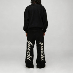 Custom Chenille Embroidery 2-Piece Brushed Knit Boxy Fit Wide Leg Crewneck Pullover Thick Winter Men's Black 100% Cotton