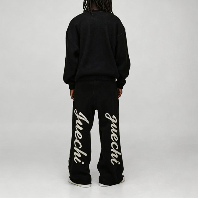 Custom Chenille Embroidery 2-Piece Brushed Knit Boxy Fit Wide Leg Crewneck Pullover Thick Winter Men's Black 100% Cotton