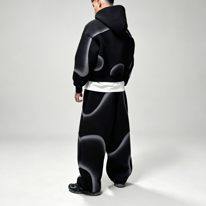 Men's Boxy Oversized Full Zip Hoodie Wide Leg Sweatpants 2 Piece Set Heavyweight Fleece Spray Paint Embroidery Street Tracksuit