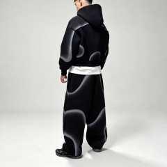 Men's Boxy Oversized Full Zip Hoodie Wide Leg Sweatpants 2 Piece Set Heavyweight Fleece Spray Paint Embroidery Street Tracksuit