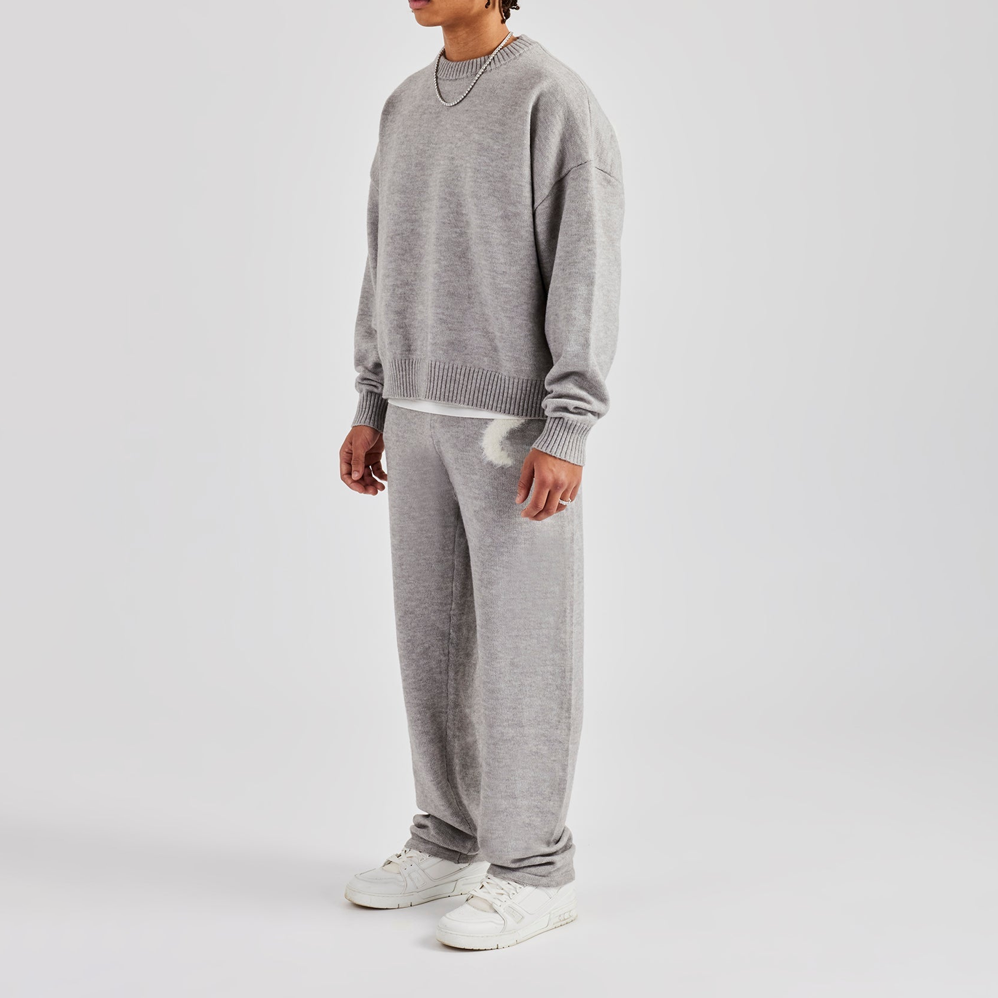 Custom Men Boxy Crew Neck Knit Tracksuit 2 Piece Set Grey Intarsia Knit Oversized Drop Shoulder Straight Leg Sweatpants