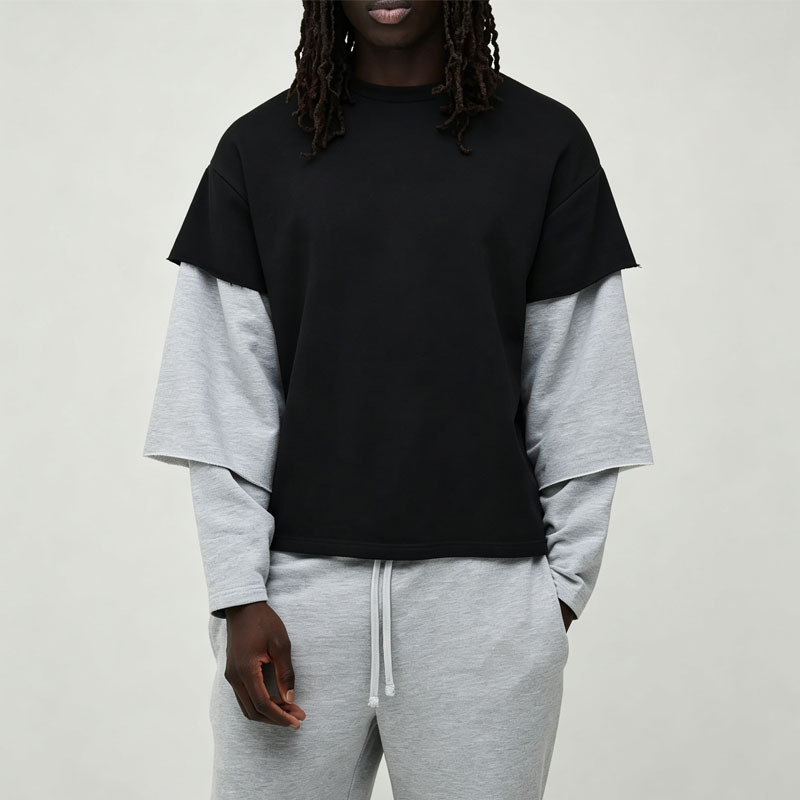 Custom Men's Oversized Boxy Triple Fake Layer Sleeve T Shirt & Wide Leg Jogger Tracksuit Loopback Fabric Crew Neck Streetwear