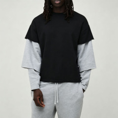 Custom Men's Oversized Boxy Triple Fake Layer Sleeve T Shirt & Wide Leg Jogger Tracksuit Loopback Fabric Crew Neck Streetwear