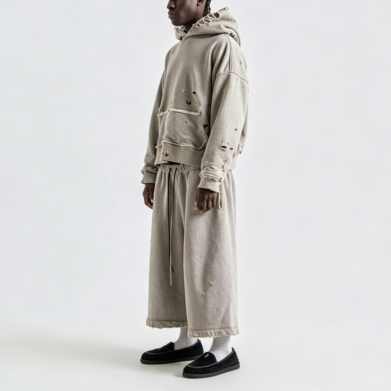 Men Stone Washed Heather Grey Heavyweight 100% Cotton French Terry Distressed Ripped Cropped Hoodie Wide Leg Cropped Tracksuit