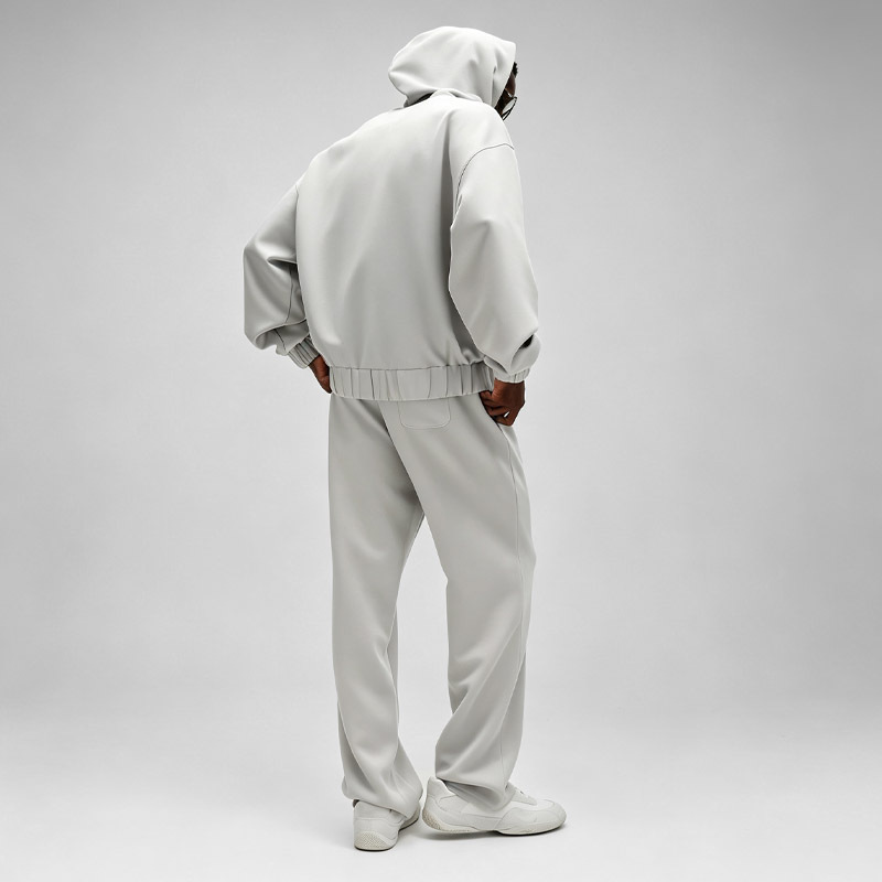 Custom Men Light Grey Full Zip up Hoodie Wide Leg Sweatpants Oversized Drop Shoulder Tracksuit Streetwear Two Piece Set