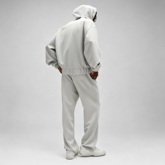 Custom Men Light Grey Full Zip up Hoodie Wide Leg Sweatpants Oversized Drop Shoulder Tracksuit Streetwear Two Piece Set