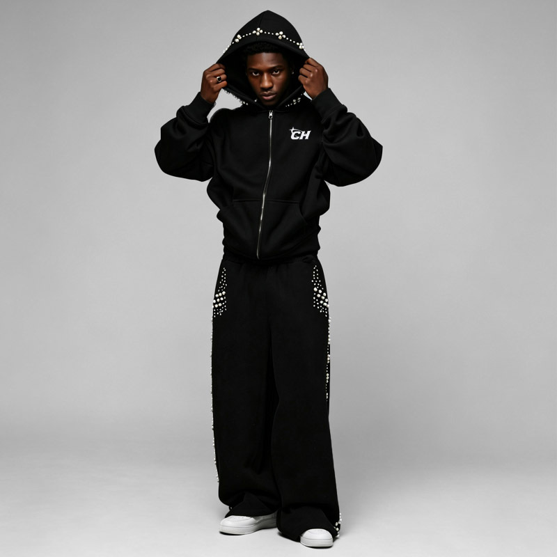 Streetwear Mens Full Zip Tracksuit Black 100% Cotton Jersey Drop Shoulder Hoodie Beaded Embroidered Baggy Wide Leg Sweatpants
