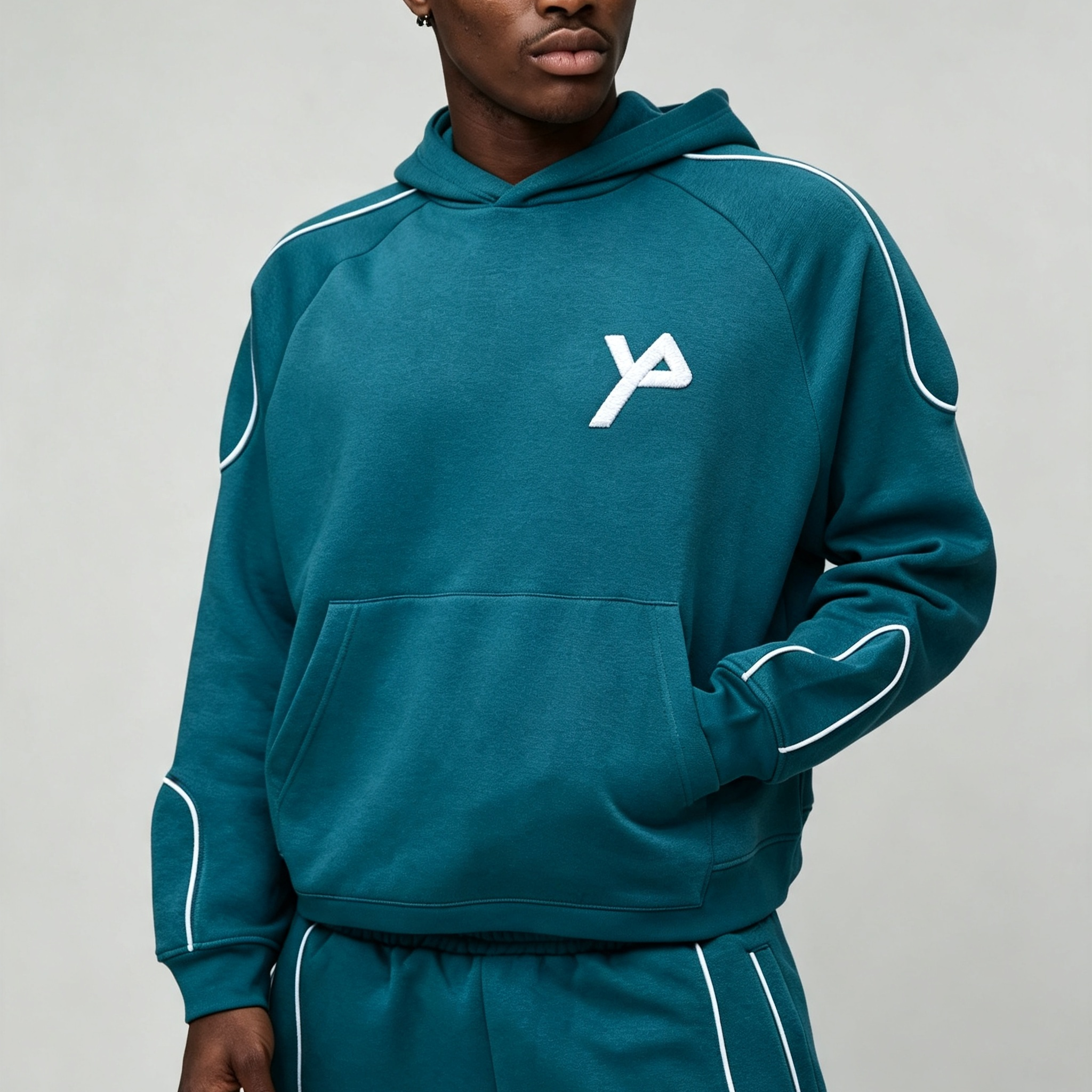 Custom Made Embroidery Logo Contrast Piping French Terry Boxy Fit 2 Pieces Pullover Hoodie Wide Leg Joggers Men's Tracksuit