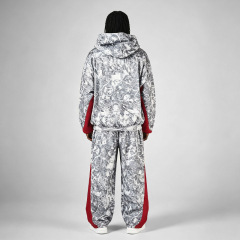 Men Full Zip Hoodie Tracksuit 100% Cotton French Terry All Over Tree Print Red Contrast Panel Oversized Drop Shoulder Streetwear